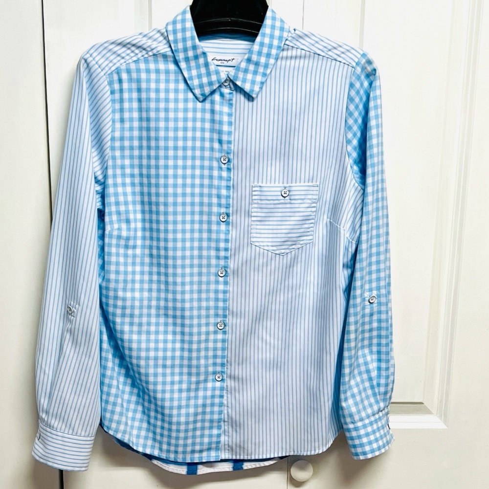 Foxcroft Blue Gingham & Stripe Strap Sleeve Button-Down Shirt Size 8